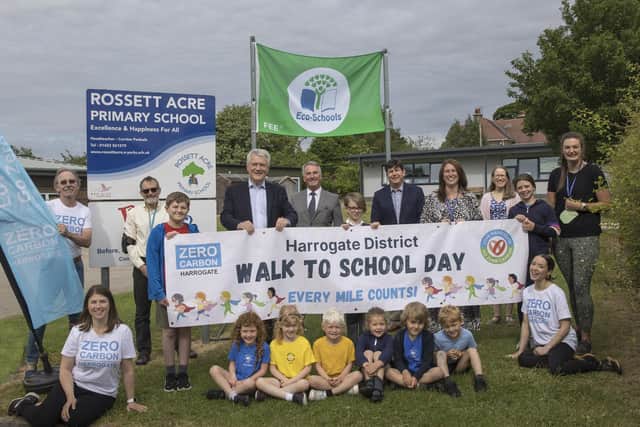 The first Walk to School Day in Harrogate - Pupils at Rossett Acre Primary School welcome local MP Andrew Jones, Harrogate District Climate Change Coalition and Zero Carbon Harrogate.