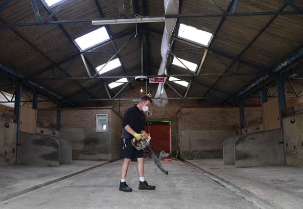 5th July 2021
Great Yorkshire Show preparations.
Pictured James Porter one of the facilities team cleaning the cattle sheds
Picture Gerard Binks