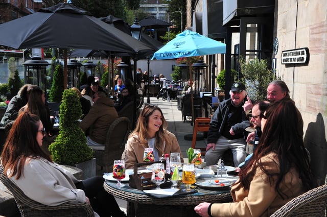 12th April 2021
Pictured visitors to Harrogate enjoy the outsdie beer garden at Fat Badger, Harrogate
Picture Gerard Binks