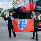 The Harrogate Bus Company’s CEO Alex Hornby (left) with Welcome to Yorkshire’s CEO James Mason and the 36 bus freshly named in honour of local resident and England manager Gareth Southgate.