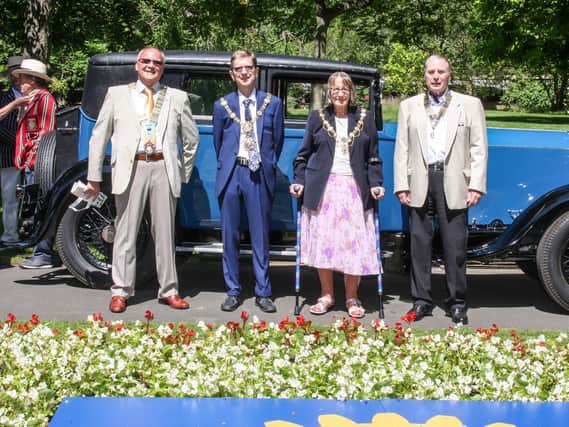 Arriving in style for the civic ceremony to mark the unveiling of the Rotary Club of Harrogate Centenary Flower Bed.