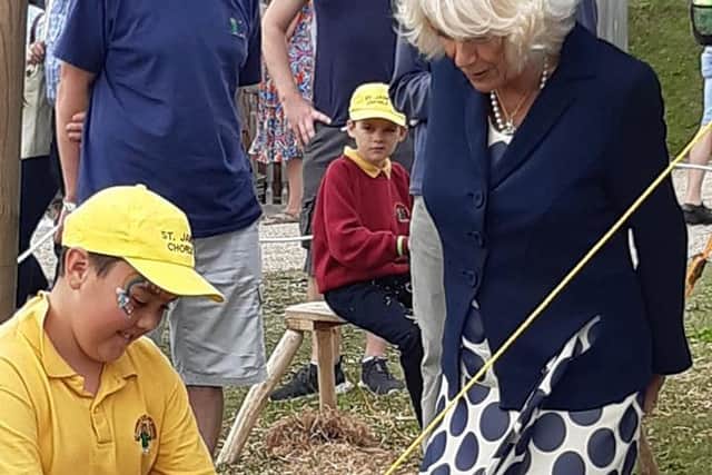 Camilla, the Duchess of Cornwall, speaks to a pupil from Chorley St James at the Great Yorkshire Show