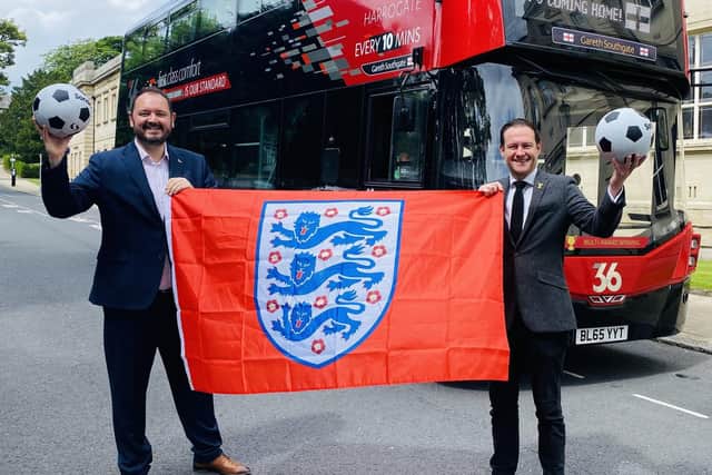 A bus named after England manager Gareth Southgate - Harrogate Bus Company’s CEO Alex Hornby (left) with Welcome to Yorkshire’s CEO James Mason.