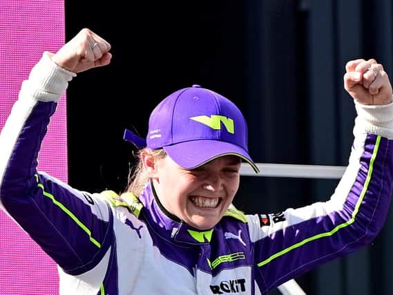 Sarah Moore on the podium after the W Series Round One race at Red Bull Ring in Spielberg on June 26, 2021. Pictures: Getty Images