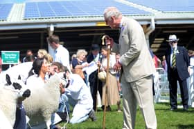 Royal Visit... The Prince of Wales and the Duchess of Cornwall, visit the Great Yorkshire Show, Harrogate... Prince Charles is pictured on the sheep lines at the show..15th July 2021..