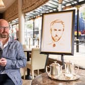 Harrogate artist Christian Alexander Bailey with his new portrait of Gareth Southgate. (Photograph by Simon Dewhurst)