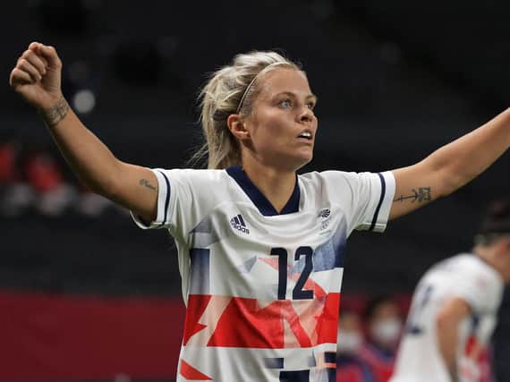 Harrogate's Rachel Daly celebrates at the final whistle following Team GB's victory over Japan at the Tokyo Olympic Games. Pictures: Getty Images
