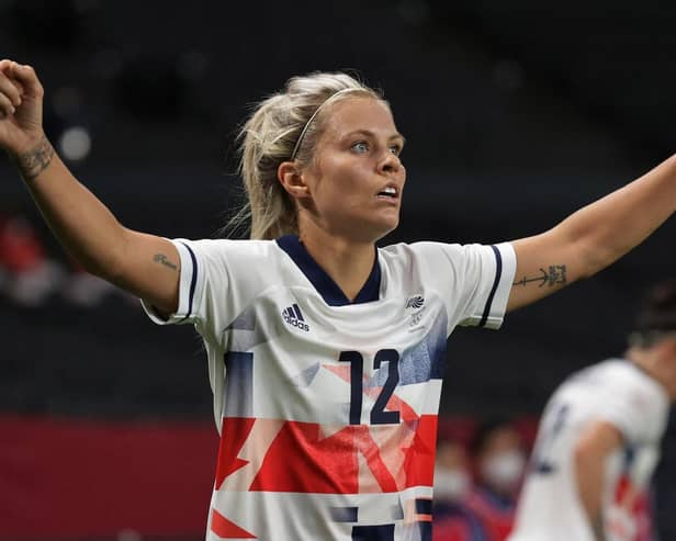 Harrogate's Rachel Daly celebrates at the final whistle following Team GB's victory over Japan at the Tokyo Olympic Games. Pictures: Getty Images