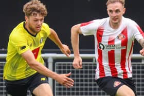 Jordan Stevens, left, in action for Harrogate Town during Saturday's pre-season defeat to Sunderland. Picture: Matt Kirkham