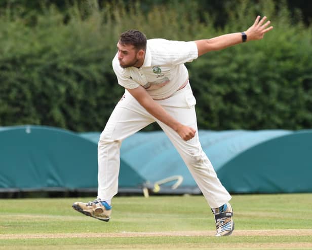 Birstwith CC's Pete Hardisty send one down during his side's victory over Darley. Pictures: Gerard Binks