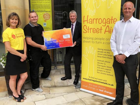Harrogate District Street Aid - Harrogate Borough Council's Community Safety Officer Helen Richardson, Matt Gibbins, Coun Mike Chambers and Victoria Shopping Centre manager James White