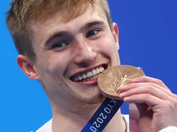 Team GB's Jack Laugher poses during the medal ceremony following the 3m springboard final on day 11 of the Tokyo 2020 Olympic Games. Pictures: Getty Images