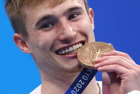 Team GB's Jack Laugher poses during the medal ceremony following the 3m springboard final on day 11 of the Tokyo 2020 Olympic Games. Pictures: Getty Images