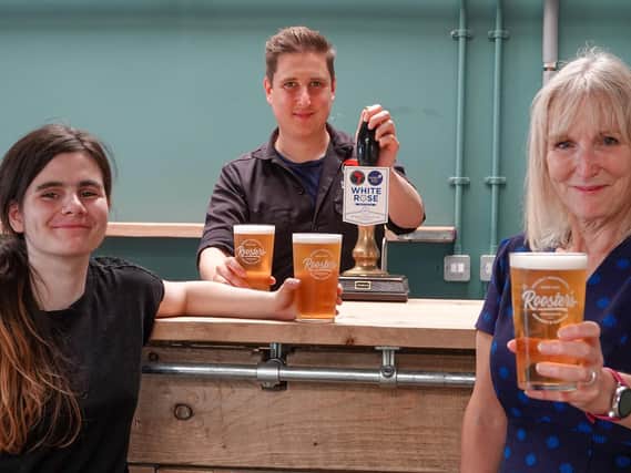 Pictured in Roosters Harrogate Tap Room are Rooster’s Commercial Director Tom Fozard, Disability Action Yorkshire learner Rose Hamill, and Disability Action Yorkshire Chief Executive Jackie Snape.