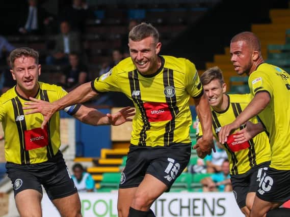 Jack Muldoon celebrates after scoring Harrogate Town’s first-ever goal as a Football League club during the 4-0 rout of Southend United on September 12, 2020. Pictures: Matt Kirkham
