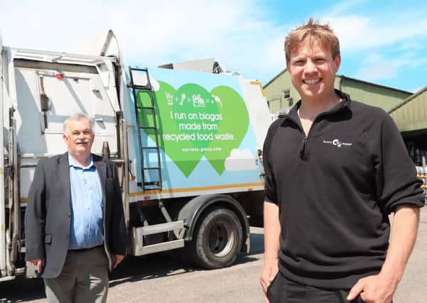 Kevin Quigley, commercial director at biogas producer Warren Group, and Black Sheep Brewery's head brewer, Dan Scott-Paul, celebrate signing a three-year renewable energy deal.