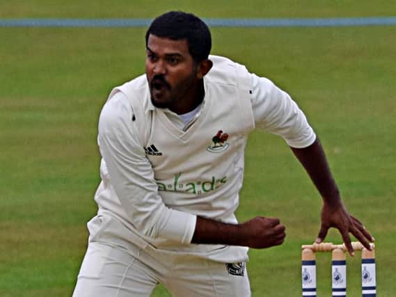 Sri Lankan spinner Ishan Abeysekara impressed with the ball once again for Harrogate CC. Picture: Simon Dobson