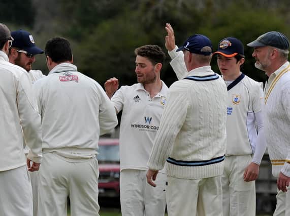 Goldsborough CC celebrate a wicket for Henry Saul, centre. Picture: Gerard Binks