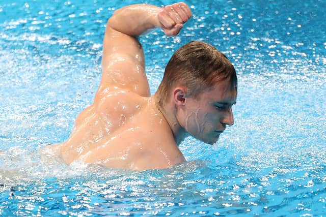Jack Laugher reacts after his final dive in the 3m springboard final.
