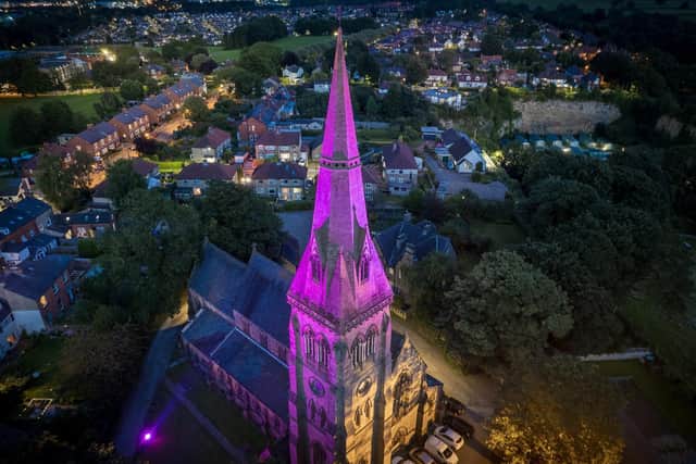 FEAV highlight - The stunning pink/purple lighting at Holy Trinity Church in Knaresborough. (Picture by Richard Maude)
