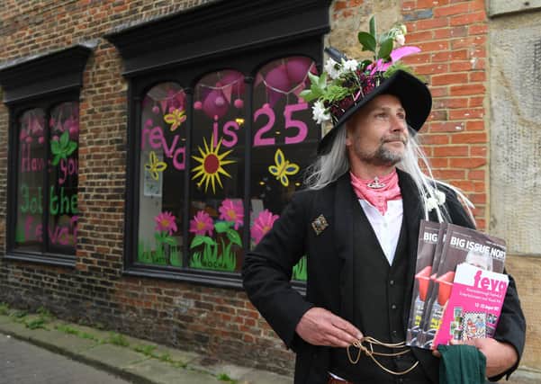 Dressed for the FEVA festival is the Big Issue seller of Knaresborough Matthew on Buttercup Lane Picture Gerard Binks