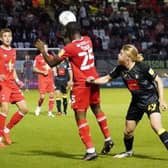 Luke Armstong in action against Leyton Orient on Tuesday evening. Picture: Harrogate Town AFC