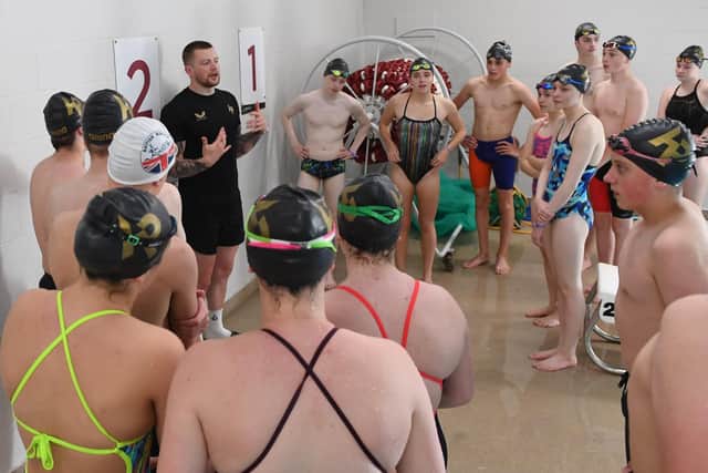 Olympic gold medal swimmer Adam Peaty meets up with young swimmers at Ashville College in Harrogate.