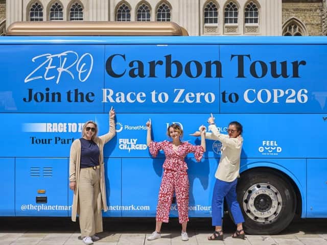 The PlanetMark Battle Bus which is coming to Harrogate Climate Action Festival as part of The #ZeroCarbonTour of the UK.