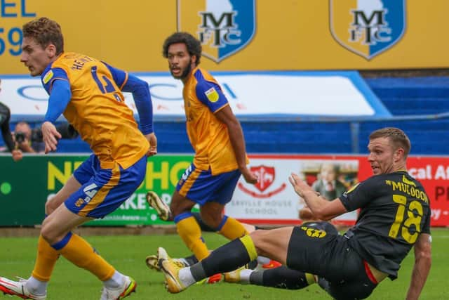 Jack Muldoon puts Harrogate Town 2-1 up on the stroke of half-time.