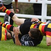 Jack Haydock touches down during Harrogate RUFC's home defeat to Sedgley Park. Pictures: Gerard Binks