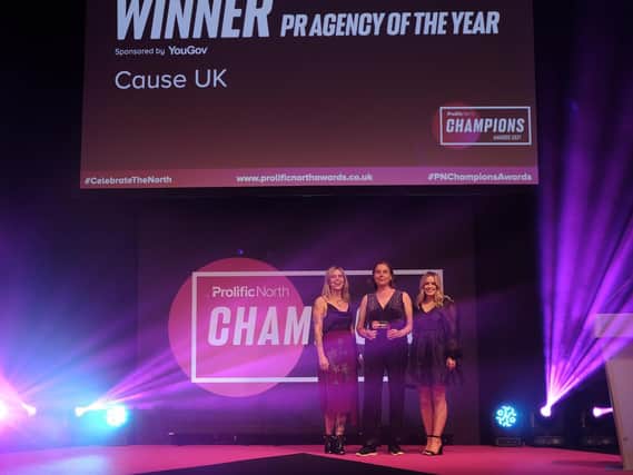 Award Host Hattie Pearson, MD of Cause UK Clair Challenor-Chadwick, and Laura Maguire, Client Manager for YouGov, sponsor of the award.