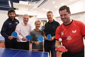 Harrogate BID opens its town centre pop-up ping-pong parlour with the help of special guests (left to right) Leeds Tykes RUFC Captain Jake Brady, Leeds rugby supremo Gary Hetherington, Sara Ferguson the Chair of BID, former Leeds United manager David O'Leary and England table tennis Head of Performance Coach Matt Stanforth