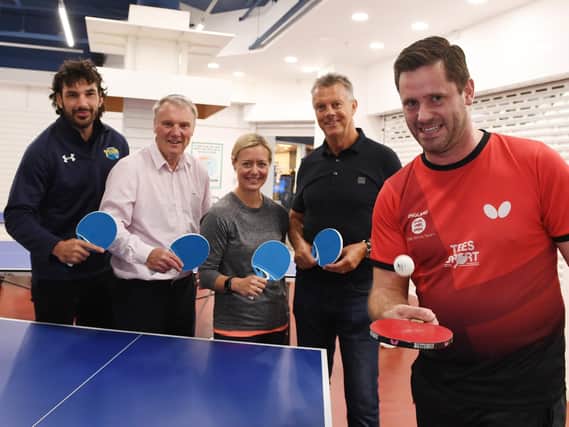 Harrogate BID opens its town centre pop-up ping-pong parlour with the help of special guests (left to right) Leeds Tykes RUFC Captain Jake Brady, Leeds rugby supremo Gary Hetherington, Sara Ferguson the Chair of BID, former Leeds United manager David O'Leary and England table tennis Head of Performance Coach Matt Stanforth