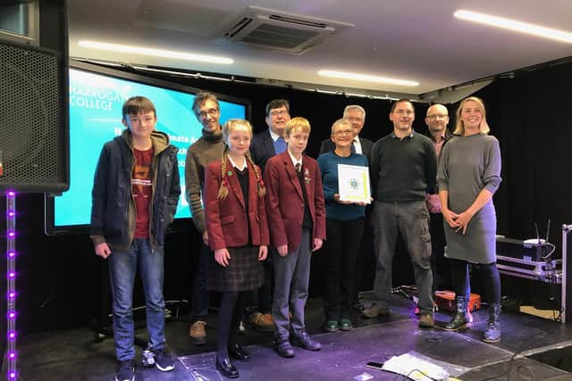 Pictured are school children, event organisers and judges who took part in a competition at the launch event at Harrogate College on Saturday.