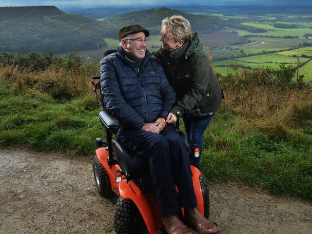 MND sufferer Ian Flatt with his wife Rachael on the Sutton Bank circuit. Picture Jonathan Gowthorpe