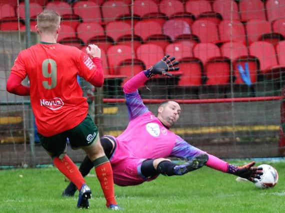 Marcus Day finds the back of the net during Harrogate Railway's recent victory over Nostell Miners Welfare. Picture: Craig Dinsdale