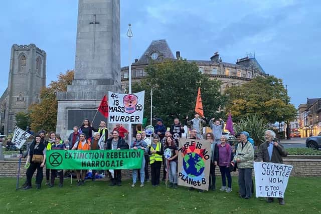 Environmentalists from Harrogate and Knaresborough greet the epic climate change walkers at the war memorial in the town centre.