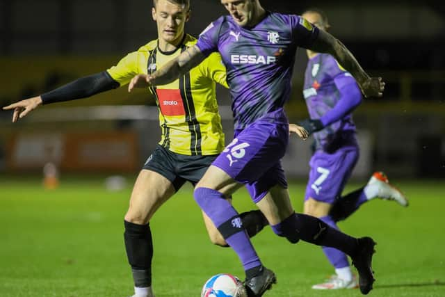 Peter Clarke, pictured in action during Tranmere's 1-0 League Two win at Harrogate last season, has scored three times from centre-half this term.