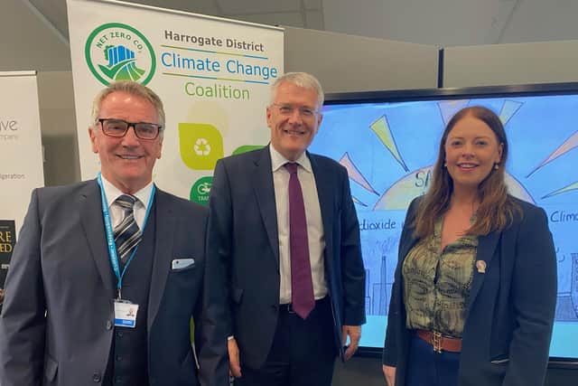 Pictured at the Harrogate Climate Action Festival at Harrogate Convention Centre are Coun Phil Ireland, Andrew Jones MP and event organiser Jade Boggust.