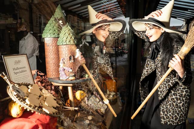 Great British Bake Off star Helena Garcia swoops in on Bettys Halloween window in Harrogate. (Picture by Simon Dewhurst)
