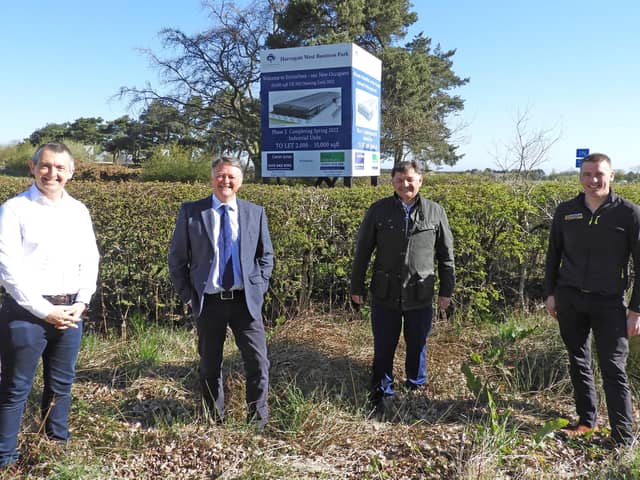 Andy Makin (left), managing director of EnviroVent, on the site of the company's new zero-carbon headquarters, west of Harrogate, with Sam Allen, construction director at Sutcliffe Construction; David Dickson, from the LEP; and Daniel Martin from Teakwood Developments.