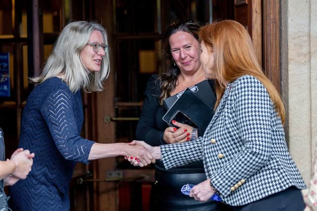 Royal visit- Sarah Ferguson, the Duchess of York, meets Harrogate International Festivals chair Fiona Movley and chief executive Sharon Canavar. (Picture byCharlotte Graham)