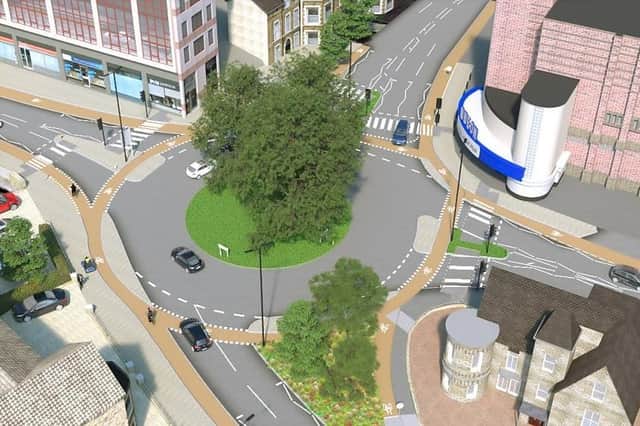 This is the new layout proposed for the East Parade, Station Bridge, Station Avenue and North Park Road roundabout.
