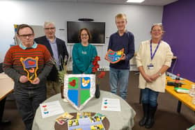 Disability Action Yorkshire exhibition in Harrogate - Disability learner Ian, Disability Action York Trustee Guy Tweedy, Disability Action Yorkshire learners Emma and Charles, and Disability Action Yorkshire staff member Sammi.