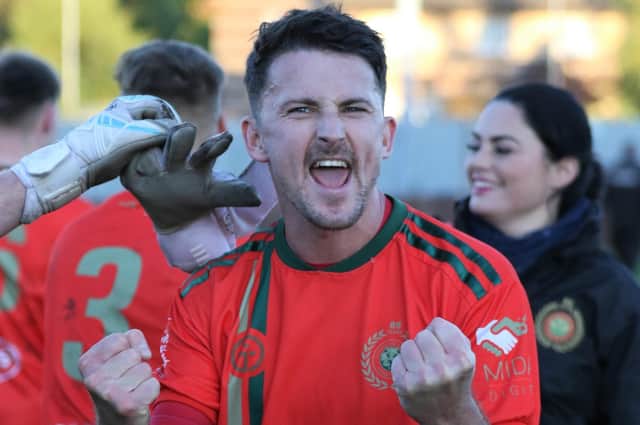 Dan Thirkell celebrates at full-time after his late penalty earned Harrogate Railway a comeback win over Brigg Town. Pictures: Craig Dinsdale