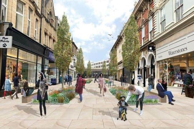 A visualisation of how the full pedestrianisation of James Street in Harrogate might look if it happened.
