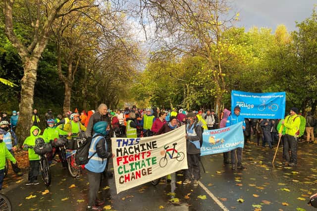 More than a 1,000 cyclists converged on Glasgow to take part in the Global Day of Action for Climate Justice march while the city hosts the COP26 conference.