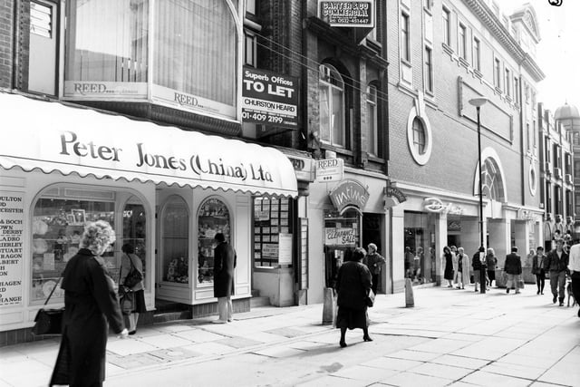 The east side of Lands Lane in April 1989 showing shops, from left, Peter Jones China, with Reed employment agency above, then In time jewellers,Dolcis footwear and Miss Selfridge ladieswear.