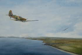 The Lone Wolf, Flt Lt Eric Lock from 41 Squadron (Catterick) shooting down an Me Bf 110 German fighter-bomber over Seaham Harbour, August 15, 1940. This was Eric Lock's first victory. He later became top spitfire fighter ace in the RAF.