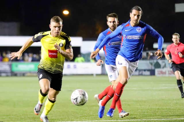 Jack Muldoon in action for Harrogate Town during their FA Cup first round defeat to Pompey at Wetherby Road in November 2019. Picture: Matt Kirkham